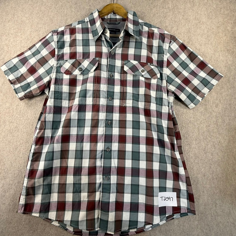 Eddie Bauer Mens Plaid Short Sleeve Button Down Shirt Mesh Back Burgundy Green M